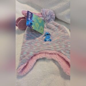 Disney Pink and Light Blue Stitch Earflap Pom-Pom Kids Hat And Mittens
